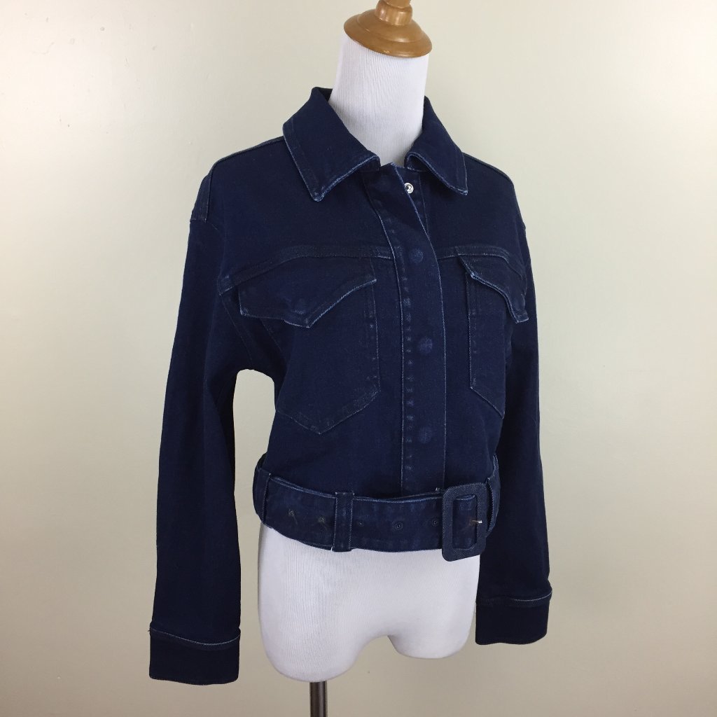 Nwot Good American Dark Wash Hidden Snap Button Belted Hem Denim Jacket